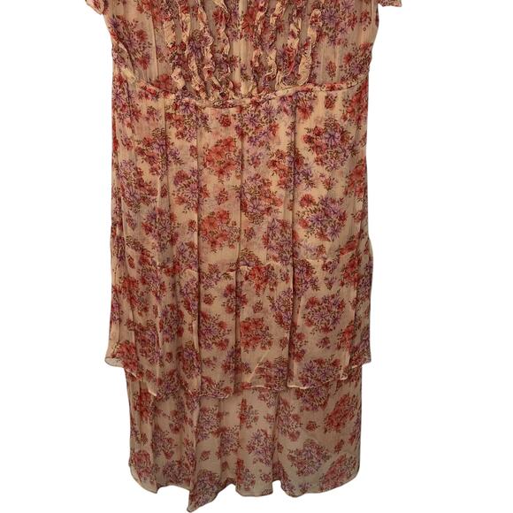 The Kooples Paris S Cottagecore Ruffle Midi Dress Tan Pink Floral Flowy Chiffon - Picture 12 of 16